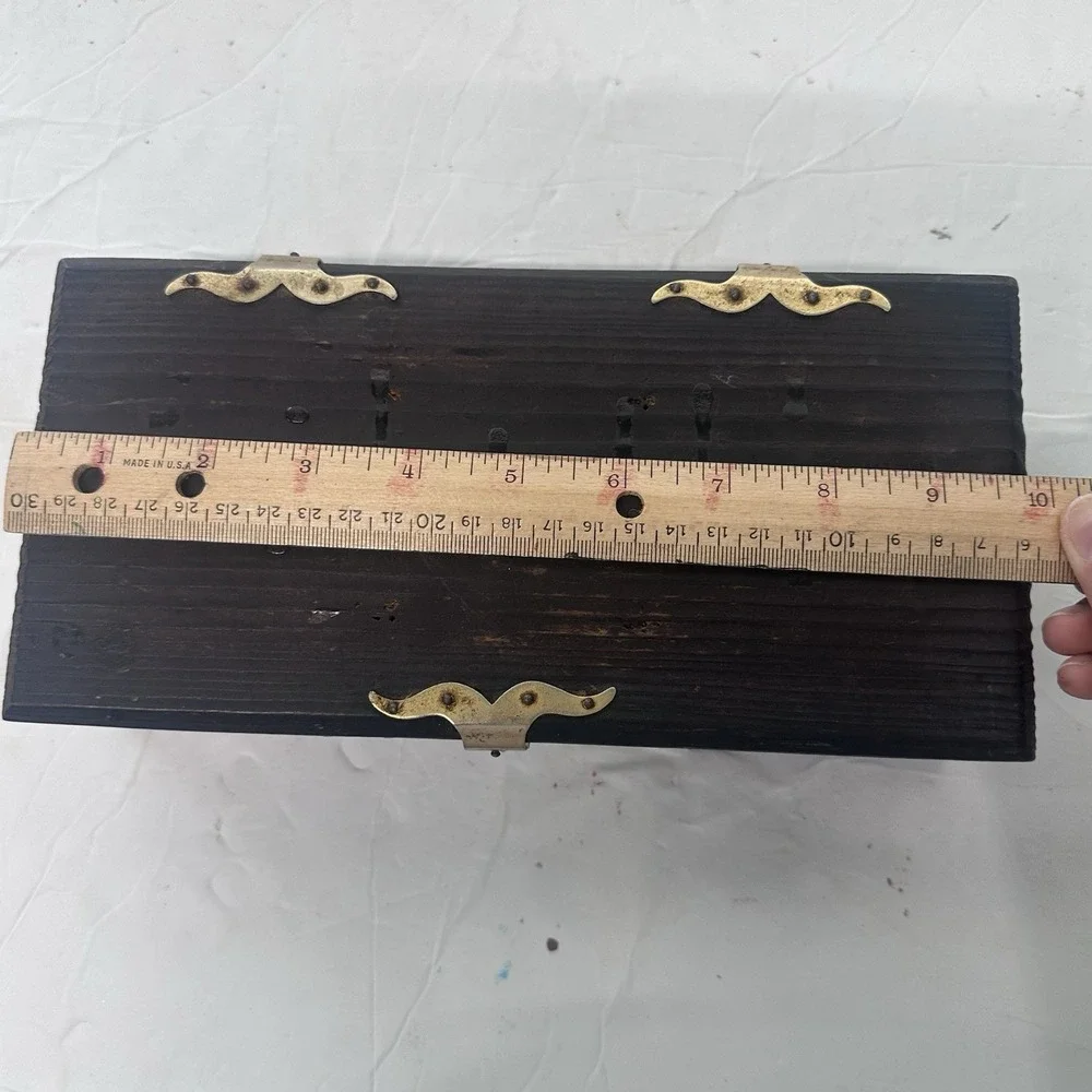 Vintage Wooden Jewelry Box Treasure Chest Trinket Rustic Pirate Gold Hardware Go